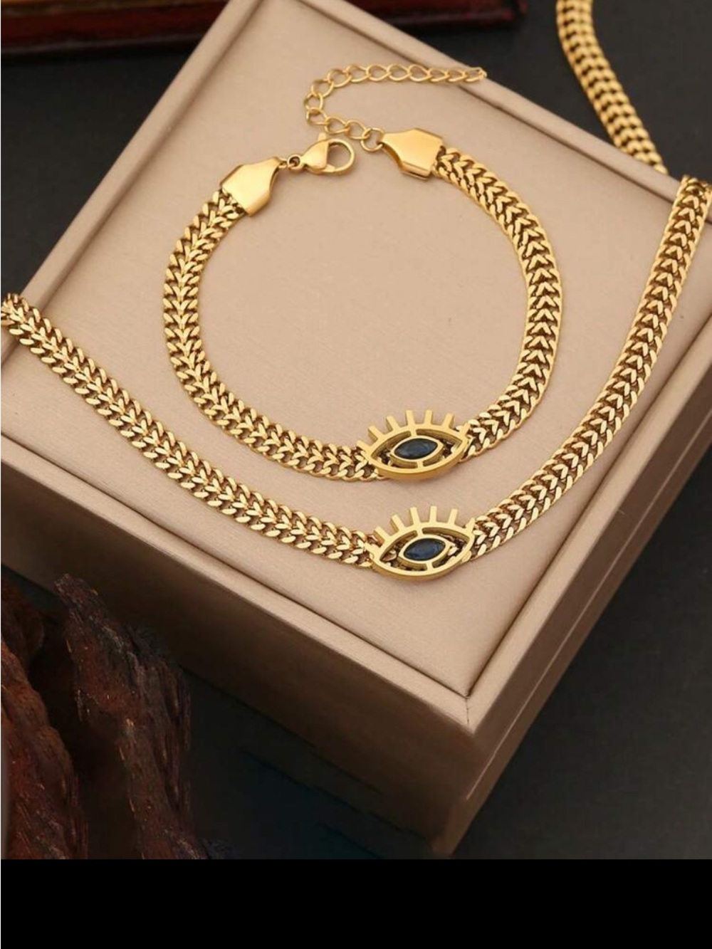 Gold Evil Eye Necklace and Bracelet Set with Blue Accent.       NEW